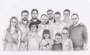 Portrait dessin d'après photo d'une famille élargie en noir et blanc