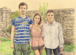 Portrait dessin d'après photo d'une fratrie dans un jardin