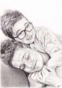 Portrait dessin d'après photo de frère et sœur se câlinant