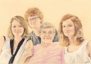 Portrait dessin d'après photo d'une grand-mère et ses petits enfants en couleur