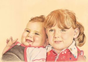Portrait dessin d'après photo d'une grande sœur et son petit frère en couleur