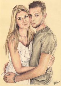 Portrait dessin d'après photo d'un jeune couple enlacé en couleur