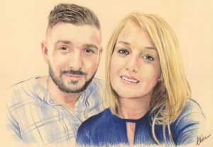 Portrait dessin d'après photo d'un jeune couple marié en bleu