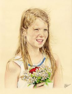 Portrait dessin d'après photo d'une jeune fille avec un bouquet de fleurs