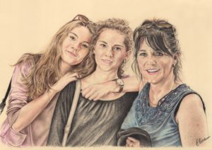 Portrait dessin d'après photo d'une mère avec ses deux grandes filles