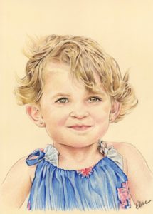 Portrait dessin d'après photo d'une petite fille aux cheveux bouclés en couleur