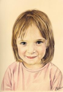 Portrait dessin d'après photo d'une petite fille aux cheveux courts en couleur