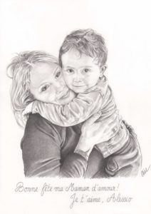 Portrait dessin d'après photo d'une maman et son fils pour la fête des mères