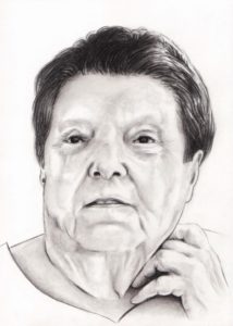 Portrait dessin d'après photo d'une vieille dame en noir et blanc