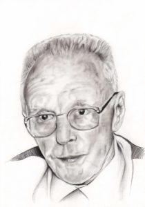 Portrait dessin d'après photo d'un vieux monsieur en noir et blanc