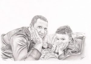 Portrait dessin d'après photo d'un père avec son fils en noir et blanc