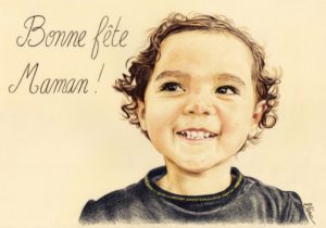 Portrait dessin de fête des mères d'après photo d'un enfant en couleur