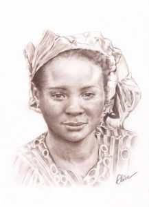 Portrait dessin d'après photo d'une femme en tenue africaine en sépia