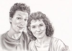 Portrait dessin d'après photo d'amoureux en noir et blanc