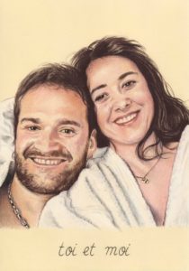 Portrait dessin d'après photo d'un couple en mode cocooning