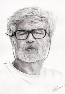 Portrait dessin d'après photo d'un homme barbu à lunettes en noir et blanc