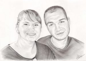 Portrait dessin d'après photo d'une sœur et son frère en noir et blanc
