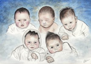Portrait dessin d'après photo de bébés à l'aquarelle