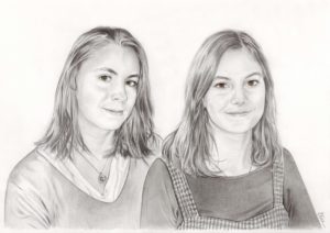 Portrait dessin d'après photo de deux sœurs adolescentes