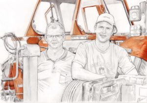 Portrait dessin d'après photo de deux hommes devant un tracteur
