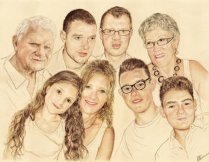 Portrait dessin d'après photo d'une famille en grand format en couleur