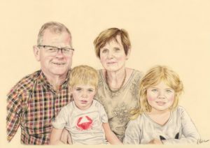 Portrait dessin d'après photo de grands-parents avec leurs petits-enfants