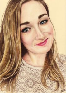 Portrait dessin d'après photo d'une jeune fille aux cheveux longs en couleur