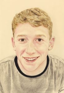 Portrait dessin d'après photo d'un jeune garçon souriant en couleur