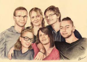 Portrait dessin d'après photo d'une mère avec ses grands enfants