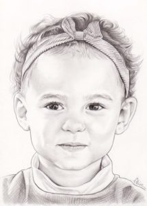 Portrait dessin d'après photo d'une petite fille aux cheveux courts en noir et blanc