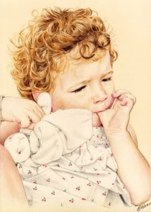 Portrait dessin d'après photo d'une petite fille blonde avec son doudou en couleur