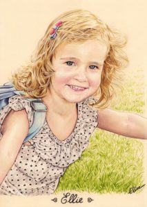 Portrait dessin d'après photo d'une petite fille courant dans un parc