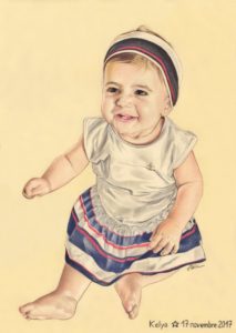 Portrait dessin d'après photo d'une petite fille en robe en couleur