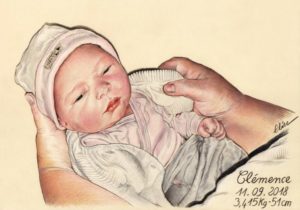 Portrait dessin d'après photo pour la naissance d'une petite fille