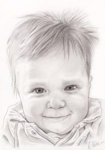 Portrait dessin d'un bébé souriant en noir et blanc
