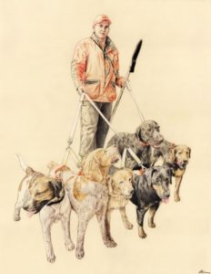 Portrait dessin d'après photo d'un chasseur avec ses chiens