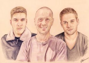 Portrait dessin d'après photo d'un père avec ses deux grands fils