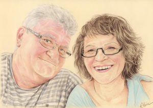 Portrait dessin d'un couple de retraités à lunettes