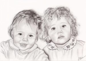 Portrait dessin de deux jeunes sœurs en noir et blanc