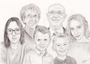 Portrait dessin d'une mamie et d'un papi avec leurs petits enfants