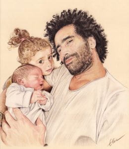 Portrait dessin d'un papa avec ses deux enfants en couleur