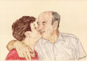 Portrait dessin d'un vieux couple s'embrassant