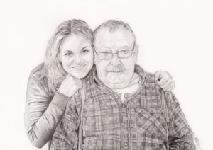 Portrait dessin d'une jeune femme posant avec son grand-père