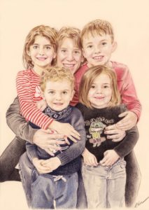 Portrait dessin d'une maman avec ses quatre enfants