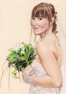 Portrait dessin d'une mariée avec son bouquet en couleur