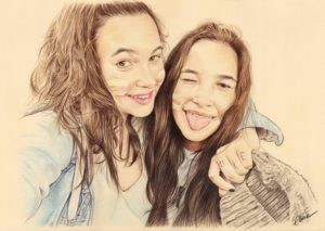 Portrait dessin de deux sœurs enlacées