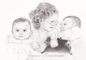 Portrait dessin de trois enfants en noir et blanc