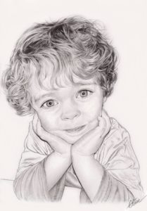 Portrait dessin en noir et blanc d'un enfant accoudé