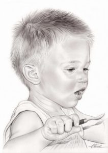 Portrait dessin en noir et blanc d'un petit garçon mangeant