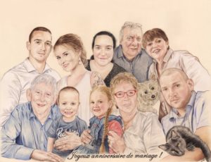 Portrait dessin familial pour un anniversaire de mariage